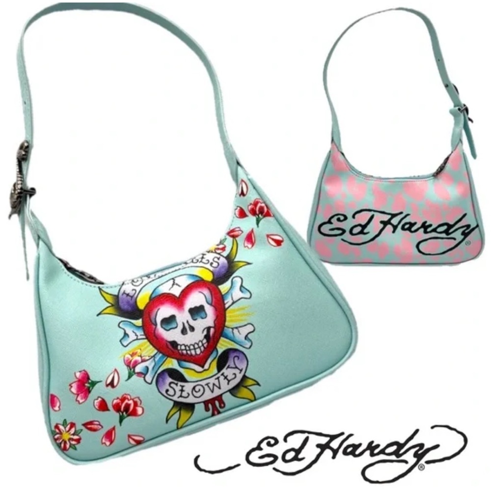 Ed Hardy Light Blue and Pink Shoulder Bag with Artistic Design